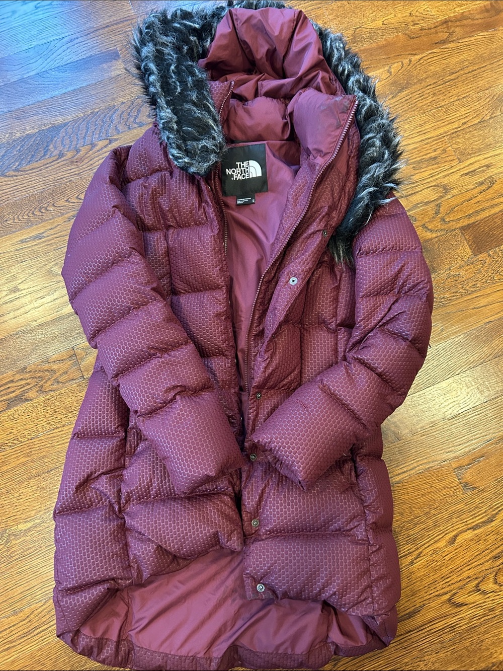 The North Face Women’s Maroon Quilted Down Puffer Coat with Faux Fur Hood
